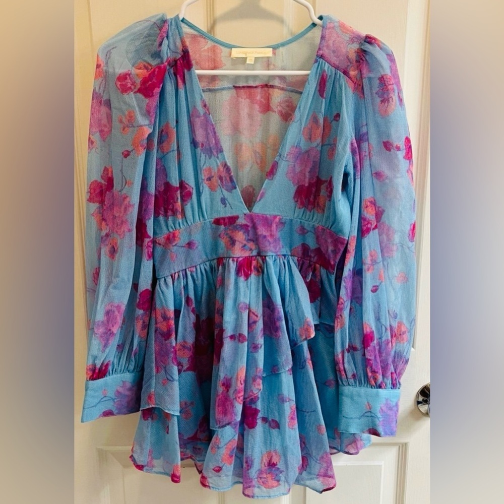LoveShackFancy Blue and Pink Floral Dress
